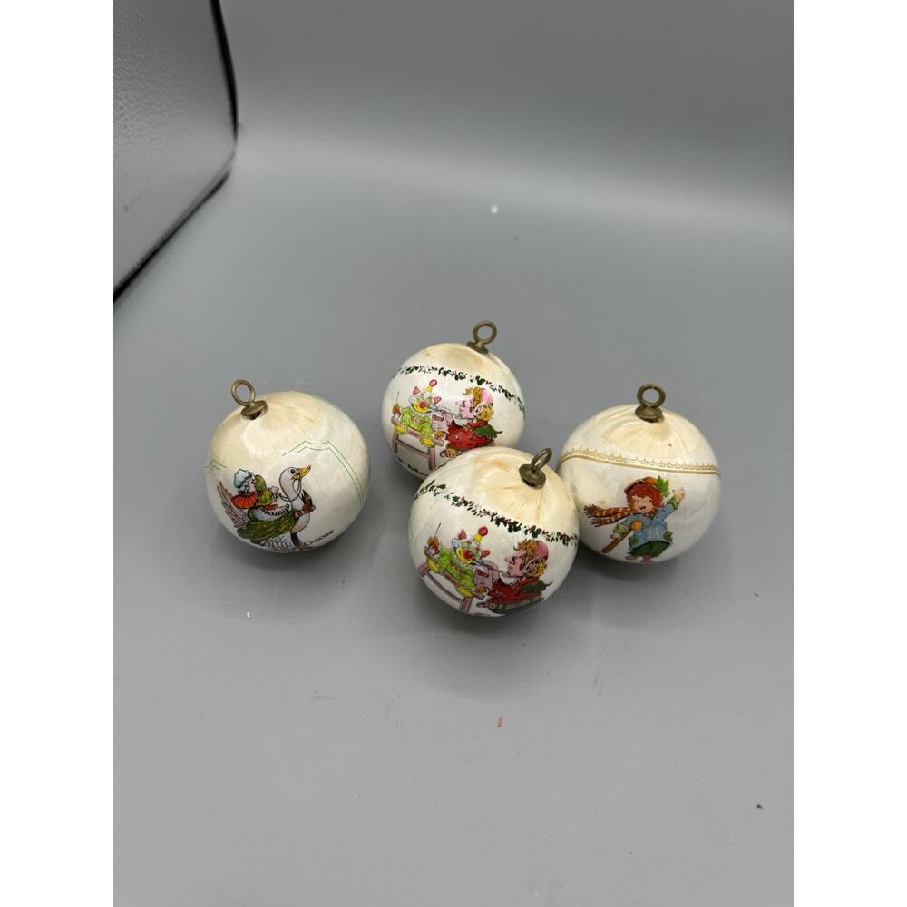 Vintage Children’s Christmas Ornaments Set of 4 Decoupage Holiday Balls 3”